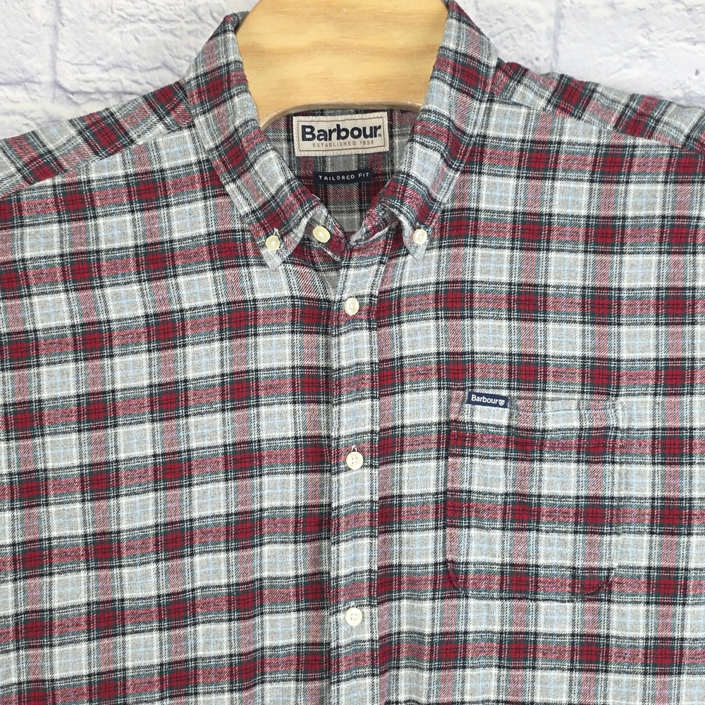 Barbour Tailored Men Plaid Button Down Shirt Red Grey‎ Long Sleeve Flannel Sz XL